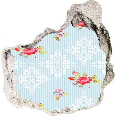 3D wandsticker gat in de muur Bloemenpatroon op een blauwe achtergrond
