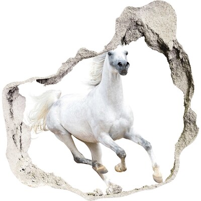 3D muursticker effect gat in de muur Een wit paard op de vlucht
