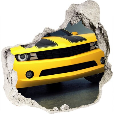 3D muursticker effect gat in de muur Een verwoeste muur met een gele auto.