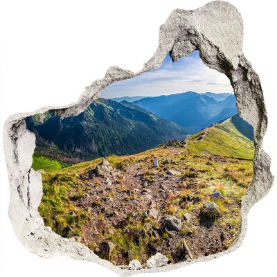 Zelfklevende muursticker 3D gat Berglandschap door een gat in de muur