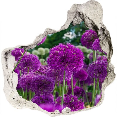 3D muursticker effect gat in de muur Een bloemenparadijs in paarse tinten.