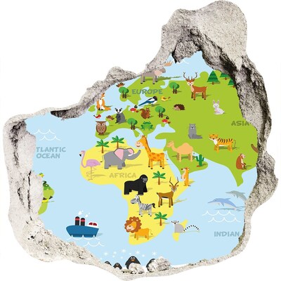 3D wandsticker gat in de muur Dierenkaart van de wereld
