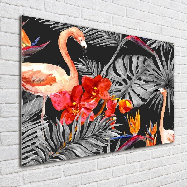 Schilderij op acrylglas Flamingo's en bloemen