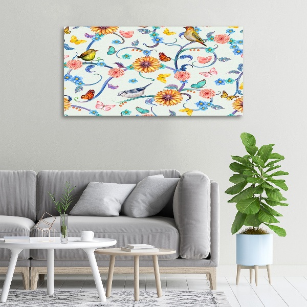 Canvas schilderij Bloemen en vogels