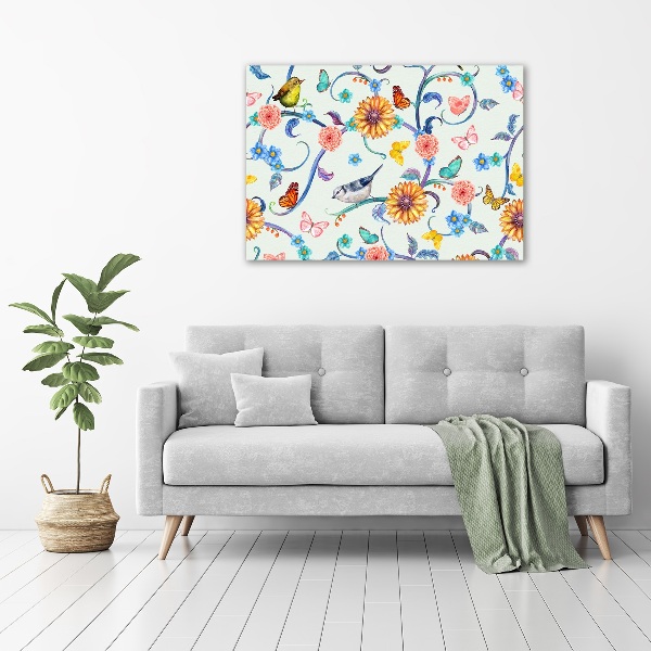 Canvas schilderij Bloemen en vogels