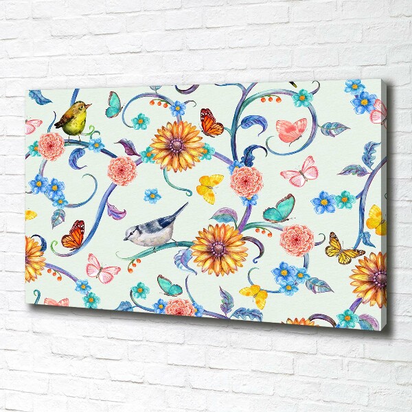 Canvas schilderij Bloemen en vogels