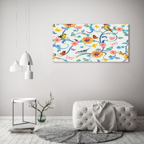 Canvas schilderij Bloemen en vogels