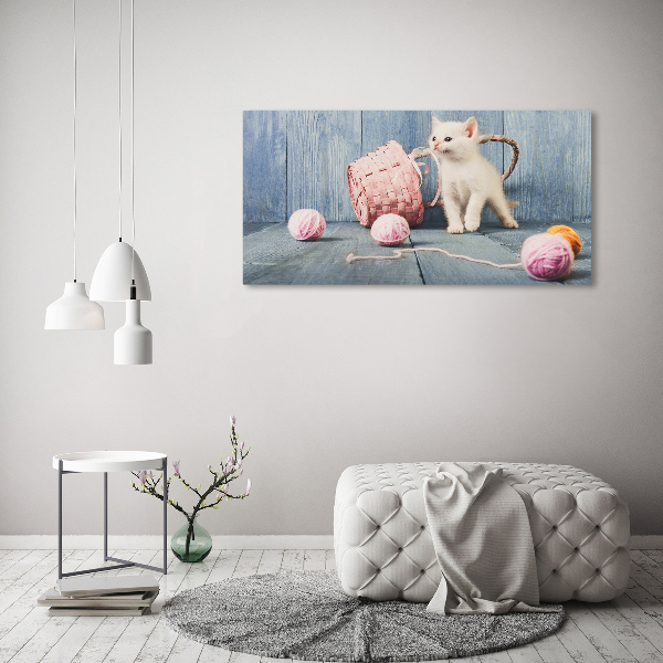 Canvas schilderij Witte kat en strengen