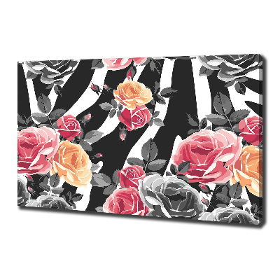 Canvas schilderij Rozen tegen een zebra-achtergrond