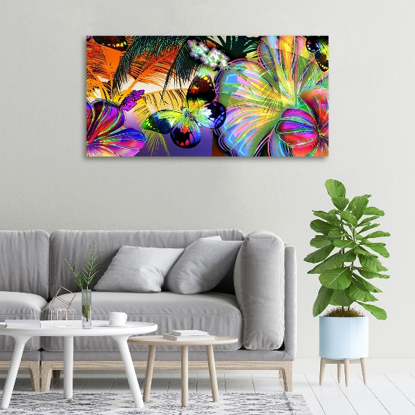 Canvas schilderij Bloemen en een vlinder