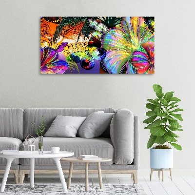 Canvas schilderij Bloemen en een vlinder