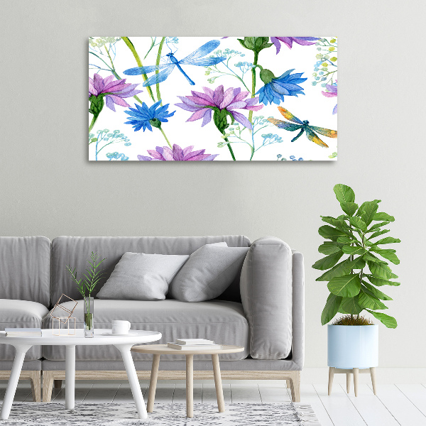 Schilderij op canvas Bloemen en libellen