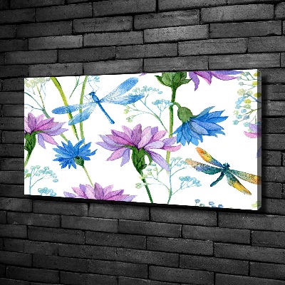 Schilderij op canvas Bloemen en libellen
