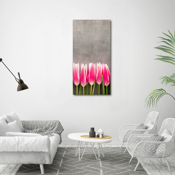 Verticaal canvasschilderij Roze tulpen