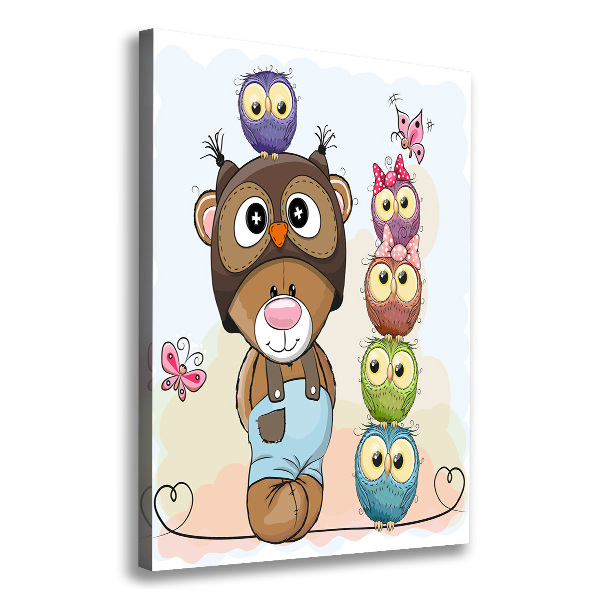 Verticaal canvasschilderij Teddybeer en uilen