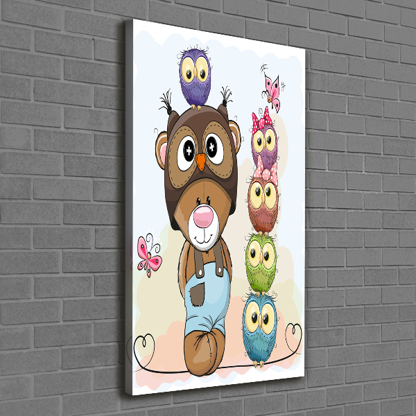 Verticaal canvasschilderij Teddybeer en uilen