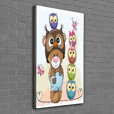 Verticaal canvasschilderij Teddybeer en uilen