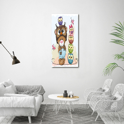 Verticaal canvasschilderij Teddybeer en uilen
