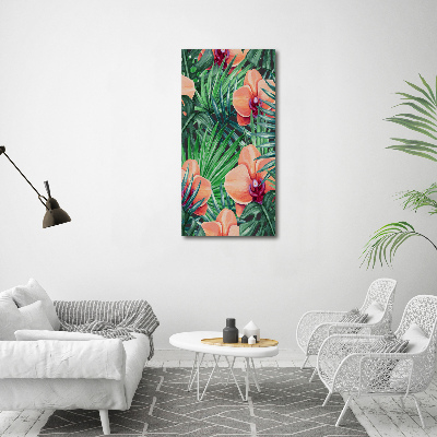Verticaal schilderij op canvas Orchideeën en palmbomen