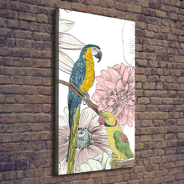 Verticaal canvasschilderij Papegaaien en bloemen
