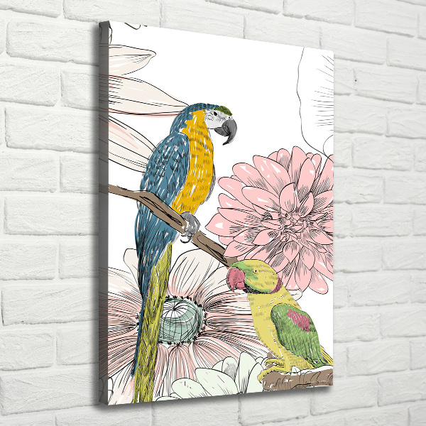 Verticaal canvasschilderij Papegaaien en bloemen