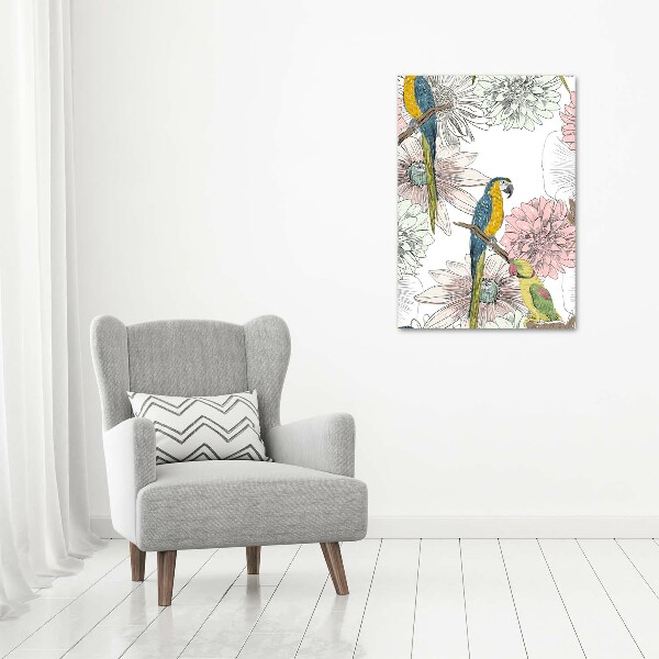Verticaal canvasschilderij Papegaaien en bloemen