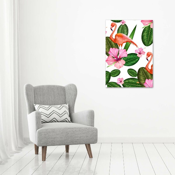 Verticaal schilderij op canvas Flamingo's en bloemen