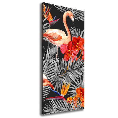 Verticaal schilderij op canvas Flamingo's en bloemen