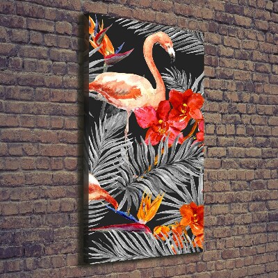 Verticaal schilderij op canvas Flamingo's en bloemen