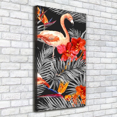Verticaal schilderij op canvas Flamingo's en bloemen