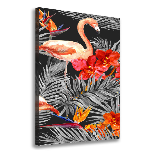 Verticaal schilderij op canvas Flamingo's en bloemen