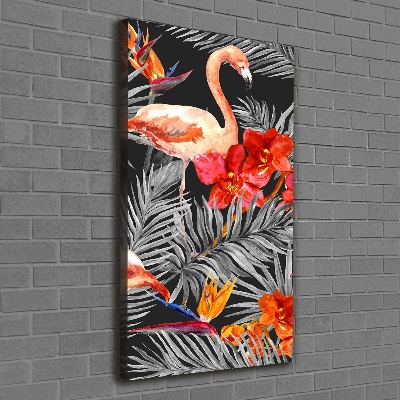 Verticaal schilderij op canvas Flamingo's en bloemen