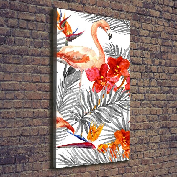 Verticale foto op canvas Flamingo's en bloemen