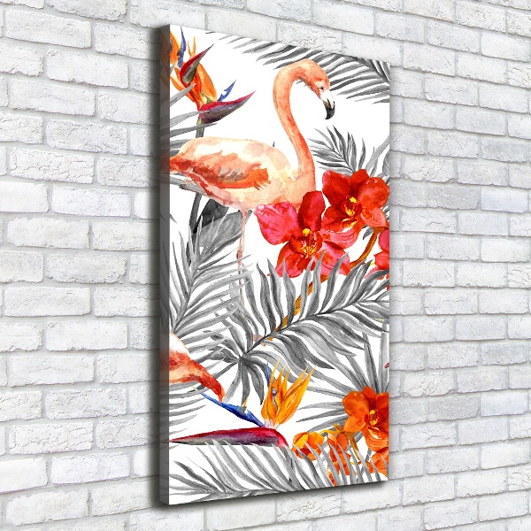 Verticale foto op canvas Flamingo's en bloemen