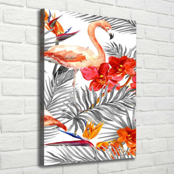 Verticale foto op canvas Flamingo's en bloemen