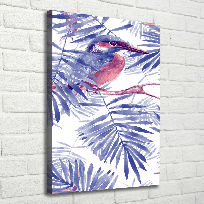 Verticaal canvasschilderij Palmbladeren en een vogel