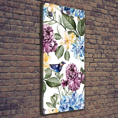 Verticaal schilderij op canvas Bloemen en vogels