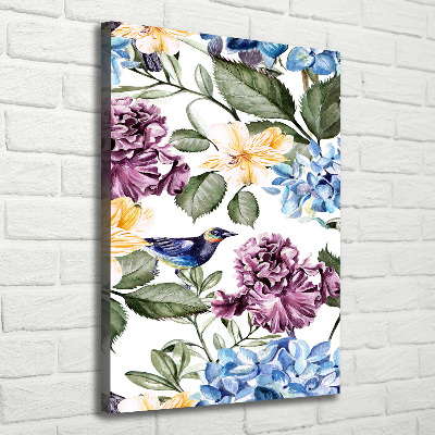 Verticaal schilderij op canvas Bloemen en vogels