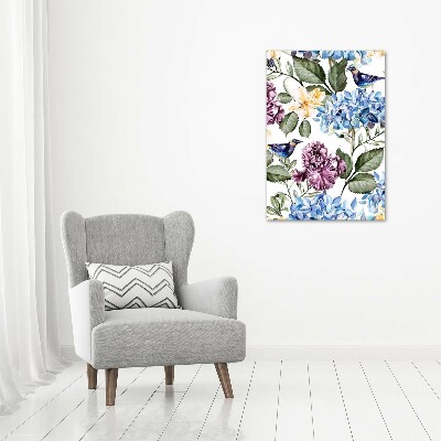 Verticaal schilderij op canvas Bloemen en vogels