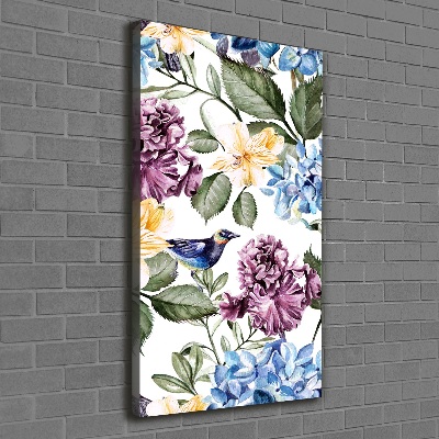 Verticaal schilderij op canvas Bloemen en vogels