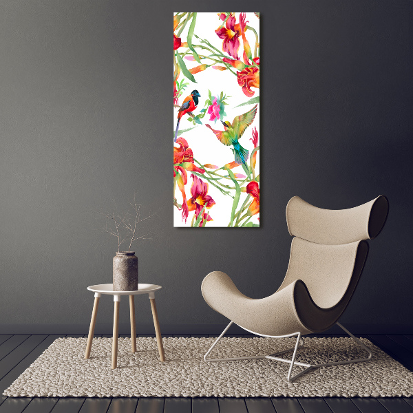 Verticaal schilderij op canvas Vogels en bloemen