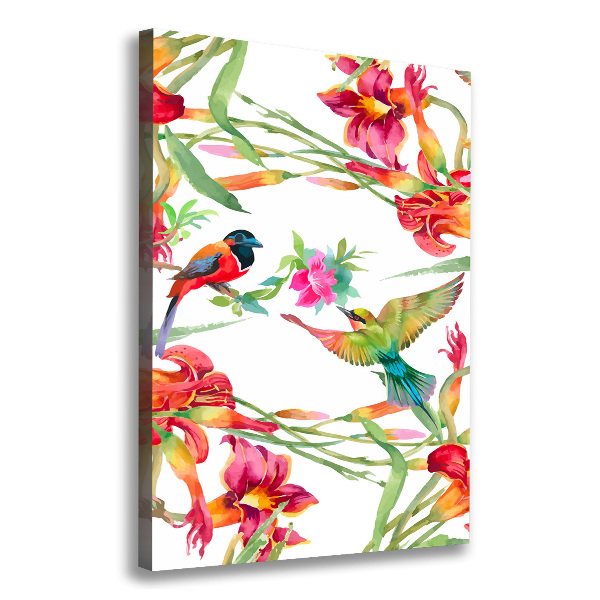 Verticaal schilderij op canvas Vogels en bloemen