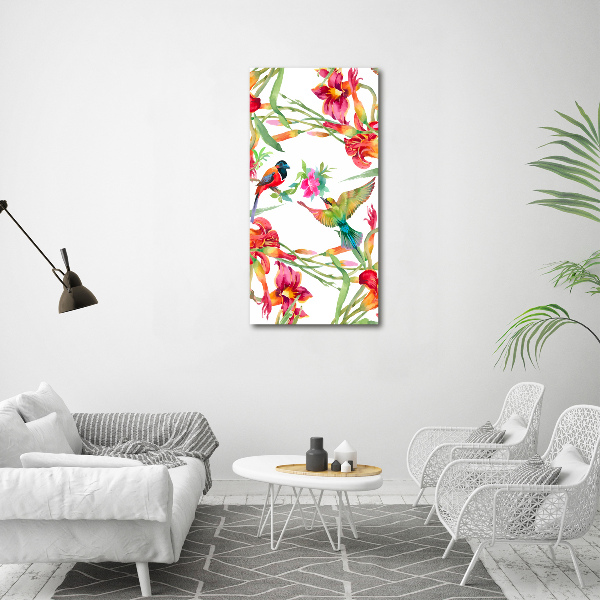 Verticaal schilderij op canvas Vogels en bloemen