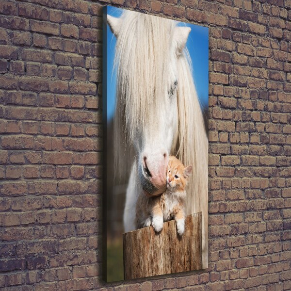 Verticale foto op canvas Wit paard met een kat