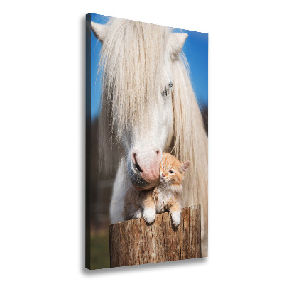 Verticale foto op canvas Wit paard met een kat