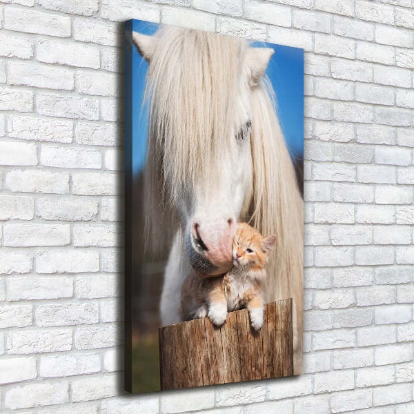 Verticale foto op canvas Wit paard met een kat