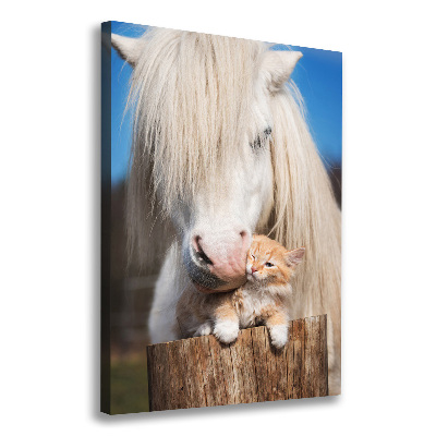 Verticale foto op canvas Wit paard met een kat