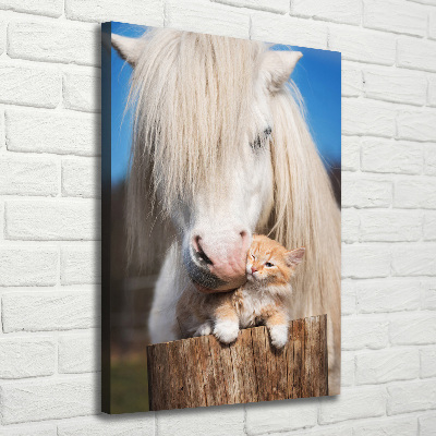 Verticale foto op canvas Wit paard met een kat