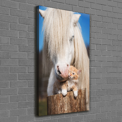 Verticale foto op canvas Wit paard met een kat