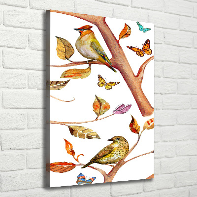Verticaal canvasschilderij Vogels, vlinders, bladeren